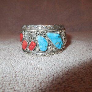 Vtg Native American Navajo Turquoise Coral Sterling Silver Cuff Bracelet Signed